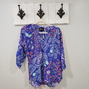 Yumi Kim Floral Button Up Blouse Blue Pink Tropical Print Womens XS